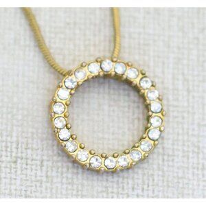 18 inch, Vintage Circular Rhinestones Gold Tone Necklace - J1